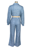 Blue Casual Solid Color Pocket Patchwork Strap Design Cardigan Collar Long Sleeve Two Pieces