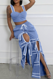 Royal Blue Casual Pocket Strap Design Contrast Loose Mid Waist Conventional Patchwork Bottoms