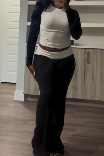 Black Casual Contrast O Neck Long Sleeve Two Pieces