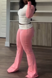 Pink Casual Contrast O Neck Long Sleeve Two Pieces