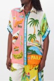 Pink Casual Print Patchwork Shirt Collar Half Sleeve Two Pieces