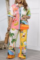 Multicolor Casual Print Patchwork Shirt Collar Half Sleeve Two Pieces