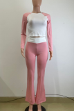 Pink Casual Contrast O Neck Long Sleeve Two Pieces