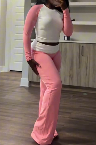 Pink Casual Contrast O Neck Long Sleeve Two Pieces