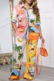 Multicolor Casual Print Patchwork Shirt Collar Half Sleeve Two Pieces