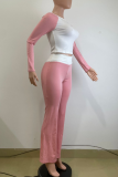 Pink Casual Contrast O Neck Long Sleeve Two Pieces