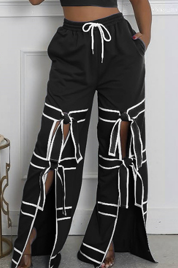 Black Casual Pocket Strap Design Contrast Loose Mid Waist Conventional Patchwork Bottoms