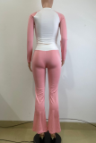 Pink Casual Contrast O Neck Long Sleeve Two Pieces