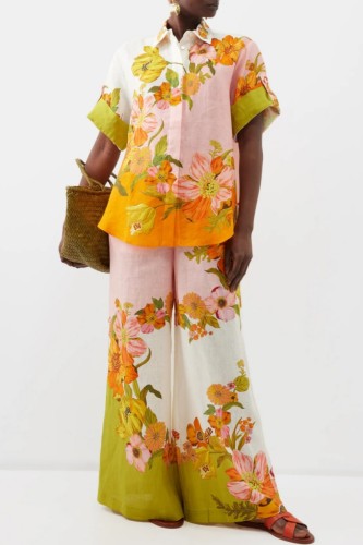 Orange Casual Print Patchwork Shirt Collar Half Sleeve Two Pieces