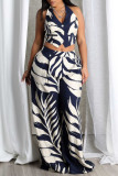 Green Casual Print Buttons Backless Belted Halter Sleeveless Two Pieces