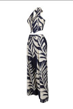 Green Casual Print Buttons Backless Belted Halter Sleeveless Two Pieces