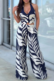 Green Casual Print Buttons Backless Belted Halter Sleeveless Two Pieces