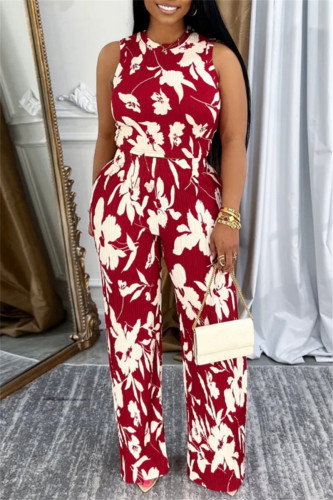 Red Casual Daily Floral Print Basic O Neck Sleeveless Two Pieces