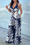 Green Casual Print Buttons Backless Belted Halter Sleeveless Two Pieces