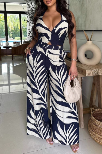 Blue Casual Print Buttons Backless Belted Halter Sleeveless Two Pieces