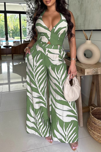 Green Casual Print Buttons Backless Belted Halter Sleeveless Two Pieces