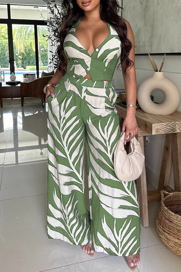 Green Casual Print Buttons Backless Belted Halter Sleeveless Two Pieces