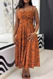 Light Brown Casual Print Pocket Strap Design Spaghetti Strap Long Dresses