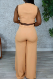 Orange Casual Leaves Fringed Trim O Neck Sleeveless Two Pieces
