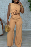 Orange Casual Leaves Fringed Trim O Neck Sleeveless Two Pieces