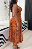 Light Brown Casual Print Pocket Strap Design Spaghetti Strap Long Dresses
