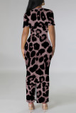 Dark Purple Casual Leopard Print Slit Contrast V Neck Printed Short Sleeve Dress