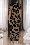 Dark Purple Casual Leopard Print Slit Contrast V Neck Printed Short Sleeve Dress