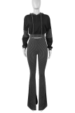 Pink Casual Stripe Draw String Patchwork Hooded Long Sleeve Two Pieces