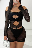 Black Sexy Solid Color Hollow Out Patchwork See-Through Off Shoulder Skinny Rompers