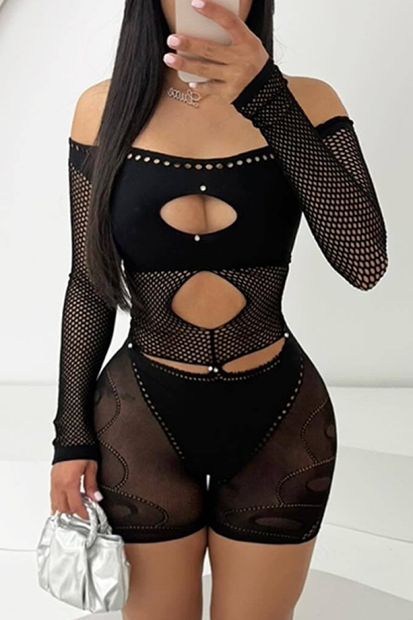 Black Sexy Solid Color Hollow Out Patchwork See-Through Off Shoulder Skinny Rompers
