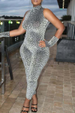 Black Sexy Leopard Print Patchwork Turtleneck Skinny Jumpsuits