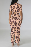 Dark Purple Casual Leopard Print Slit Contrast V Neck Printed Short Sleeve Dress