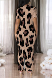 Dark Purple Casual Leopard Print Slit Contrast V Neck Printed Short Sleeve Dress