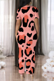 Dark Purple Casual Leopard Print Slit Contrast V Neck Printed Short Sleeve Dress