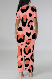Dark Purple Casual Leopard Print Slit Contrast V Neck Printed Short Sleeve Dress