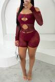 Black Sexy Solid Color Hollow Out Patchwork See-Through Off Shoulder Skinny Rompers