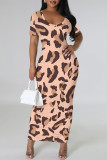 Dark Purple Casual Leopard Print Slit Contrast V Neck Printed Short Sleeve Dress