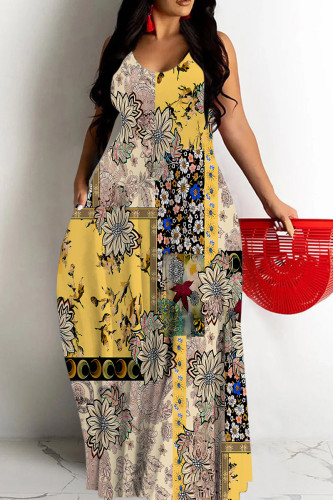 Yellow Sexy Geometric Print Gradient Contrast U Neck Printed Dresses