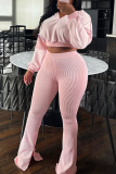 Apricot Casual Stripe Draw String Patchwork Hooded Long Sleeve Two Pieces