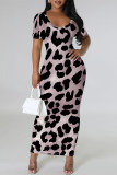 Dark Purple Casual Leopard Print Slit Contrast V Neck Printed Short Sleeve Dress