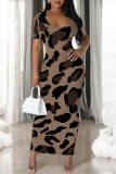 Dark Purple Casual Leopard Print Slit Contrast V Neck Printed Short Sleeve Dress