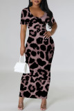 Dark Purple Casual Leopard Print Slit Contrast V Neck Printed Short Sleeve Dress