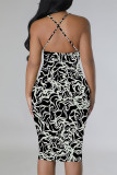 White Sexy Geometric Print Contrast Sling Dresses