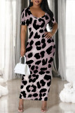 Dark Purple Casual Leopard Print Slit Contrast V Neck Printed Short Sleeve Dress