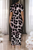 Dark Purple Casual Leopard Print Slit Contrast V Neck Printed Short Sleeve Dress