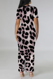 Dark Purple Casual Leopard Print Slit Contrast V Neck Printed Short Sleeve Dress