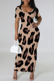 Dark Purple Casual Leopard Print Slit Contrast V Neck Printed Short Sleeve Dress