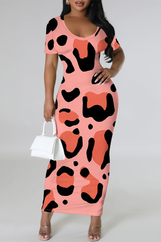 Tangerine Red Casual Leopard Print Slit Contrast V Neck Printed Short Sleeve Dress