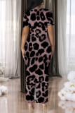 Dark Purple Casual Leopard Print Slit Contrast V Neck Printed Short Sleeve Dress