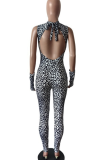 Black Sexy Leopard Print Patchwork Turtleneck Skinny Jumpsuits